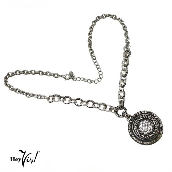 Vintage Decorated Chain Ornate Engraved Pendant w Rhinestones 21" Chain -Hey Viv - Picture 1 of 6